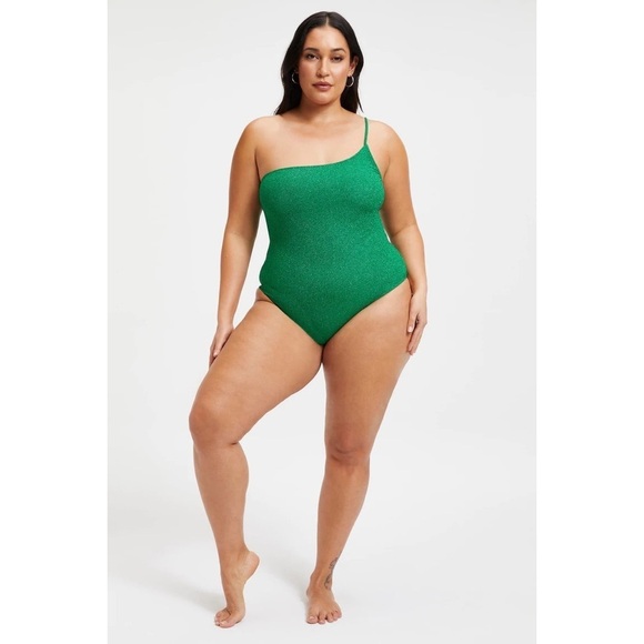 Nwt Good American ‘90s Hot Shoulder Sparkle Metallic One Piece in Kelly Green - Picture 4 of 9